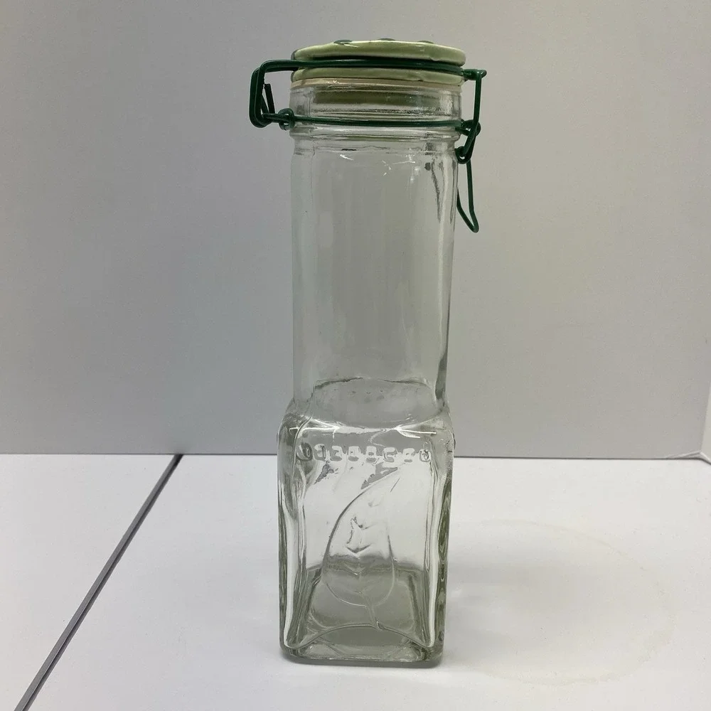 Vintage Glass Square & Round With Wire Bail @Clamp Bottle w/ Green‎ Leaf Cap